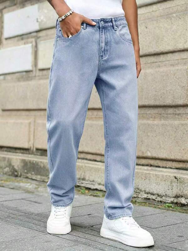 Manfinity Homme Men's Fashion Versatile Button Pocket Jeans For Daily Wear