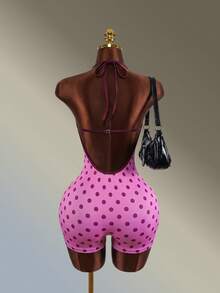 Amplova Women's Polka Dot Print Halter Neck Backless Sports Romper Seamless Pink Backless Fitness Gym Sexy Workout Going Out Daily Wear Sport Jumpsuit Fashion - Pink - View 3