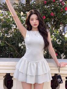 SHEIN MOD White Double Layer Hem Boat Neck Mini Dress,Back To School,Graduation,Country Concert Outfit,Ruffle,Work Vacation Brunch Summer Cute - White - View 1