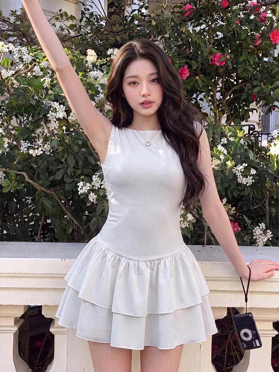 SHEIN MOD White Double Layer Hem Boat Neck Mini Dress,Back To School,Graduation,Country Concert Outfit,Ruffle,Work Vacation Brunch Summer Cute - White - View 1
