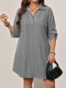 SHEIN LUNE 大码女式条纹卷袖休闲宽松连衣裙 - 黑與白 - 查看 5
