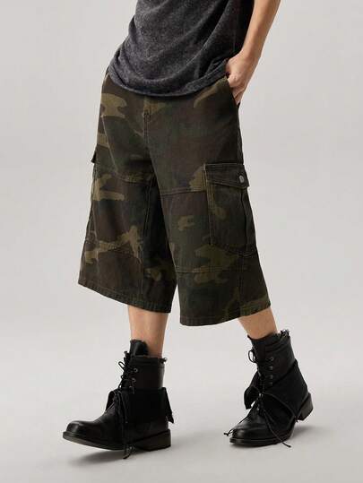 Vaulklash Men's Multicolor Camouflage Denim Bermuda Cargo Shorts With Zipper Details Going Out Hang Out Street College Sport