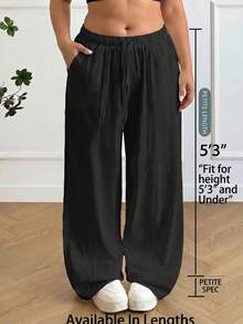 SHEIN PETITE CURVE Plus Size Women Solid Color Drawstring Waist Casual Versatile Wide Leg Pants For Daily Wear - Black - View 2