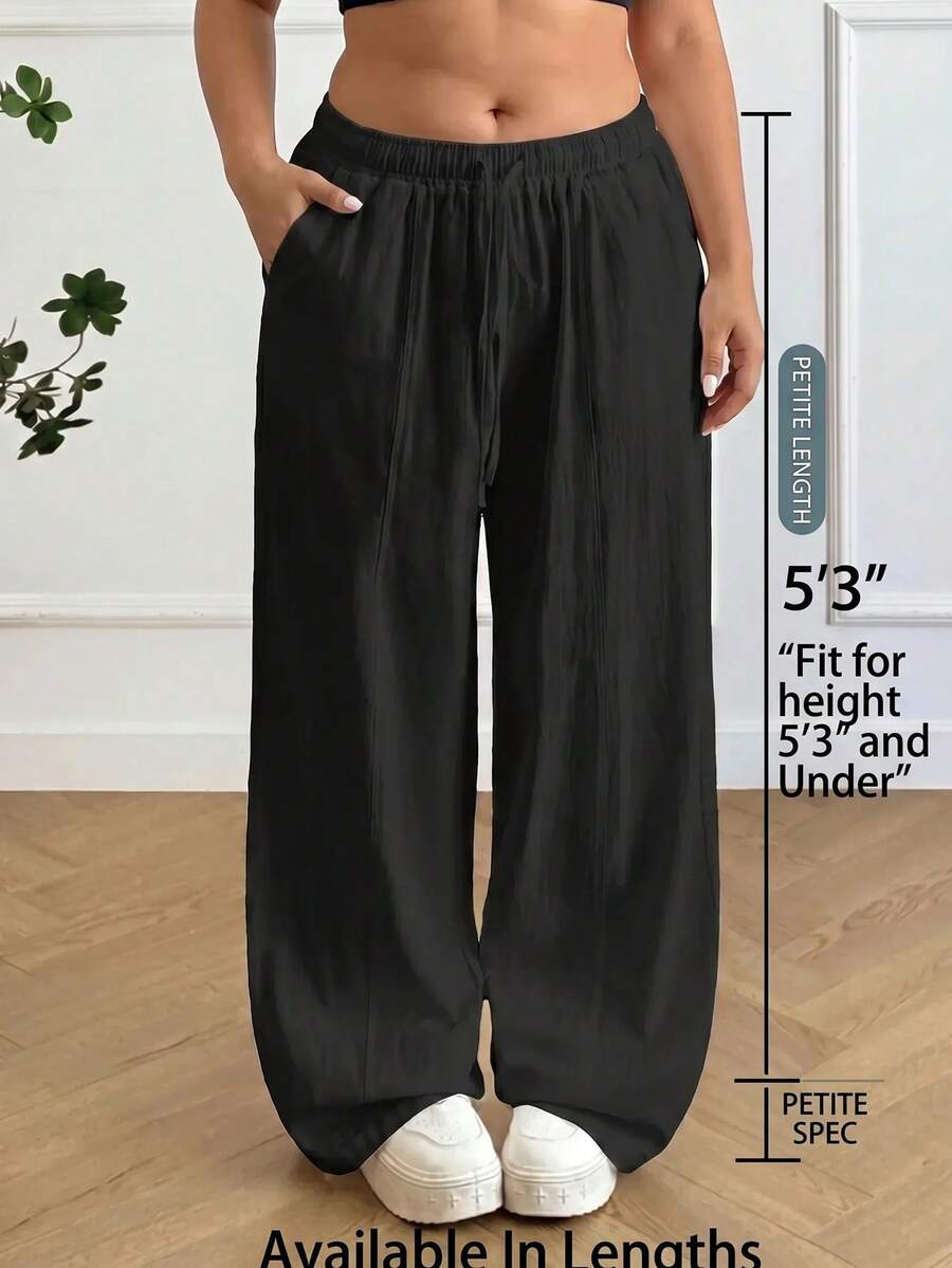 SHEIN PETITE CURVE بنطال نسائي مقاس كبير بلون موحد مع خصر برباط كاجوال متعدد الاستخدامات بساق واسعة للارتداء اليومي - الأسود - مشاهدة 1