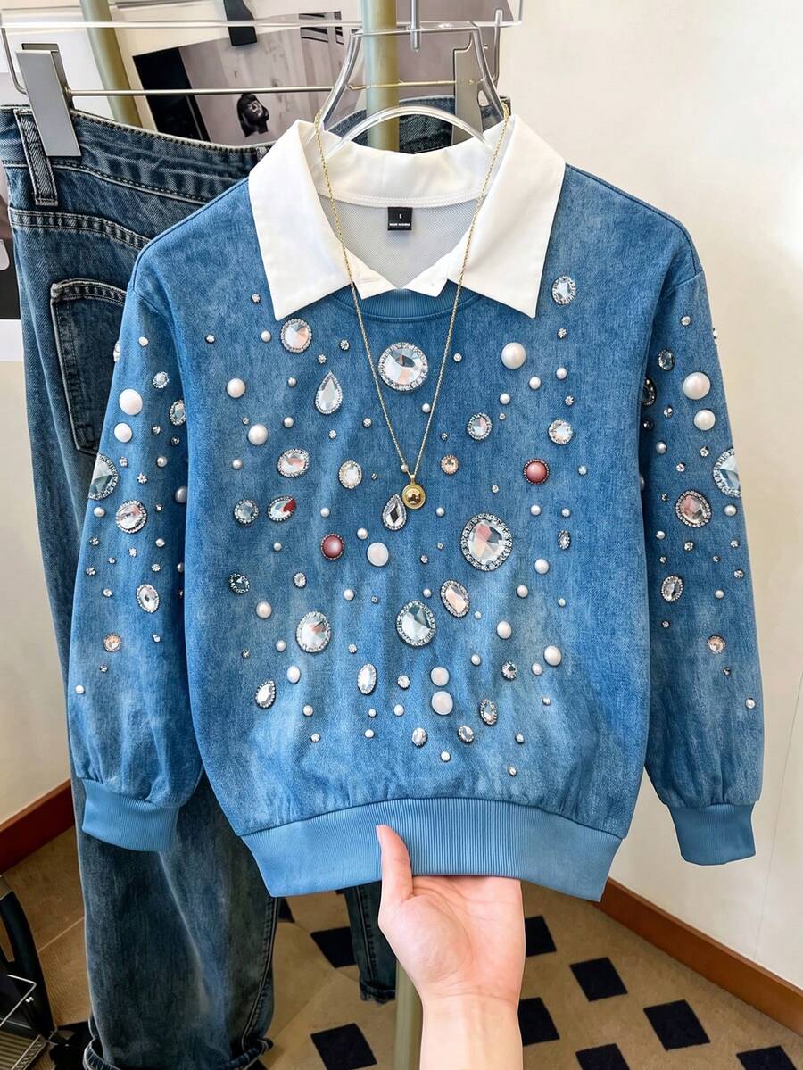 SHEIN LUNE Women's Denim Effect Rhinestone Print 2 In 1 Long Sleeve Sweatshirt - Blue - View 1