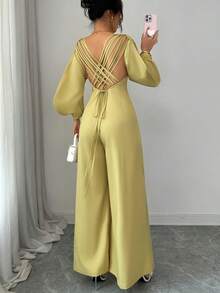 Elenzga Women's Solid Color V-Neck Casual Jumpsuit For Daily Wear - Mustard Yellow - View 2