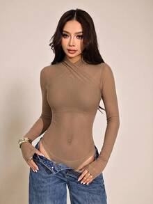 SHEIN PETITE 女款性感純色網紗包覆式連身衣，透視長袖，棕色，夏季，夜店派對穿搭 - 卡其色 - 查看 9