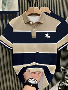 Resyla Men's Plus Size Summer Casual Business Polo Shirt, Contrast Striped Horse Print Pattern, Comfortable Fabric, Versatile Everyday Wear - Multicolor - View 2