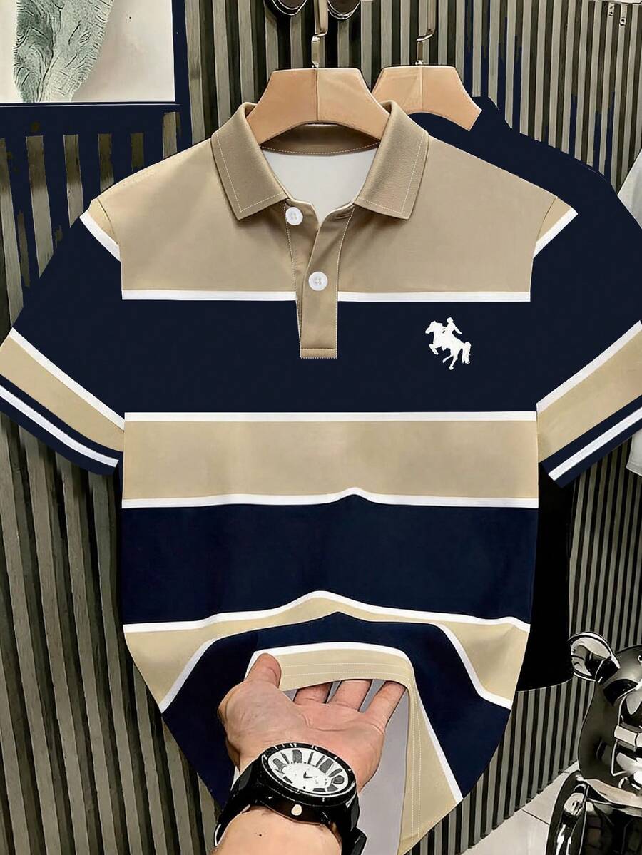 Resyla Men's Plus Size Summer Casual Business Polo Shirt, Contrast Striped Horse Print Pattern, Comfortable Fabric, Versatile Everyday Wear