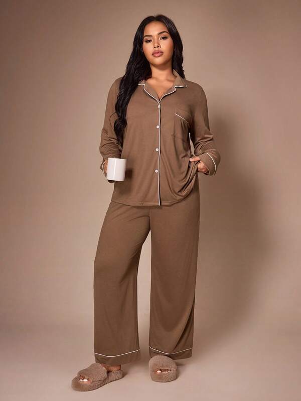 Lazeform Plus Size Solid Color Lapel Pajama Set White Trim Short Sleeve Shorts Loungewear 2 Pieces Set