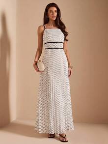 SHEIN BAE Summer White And Black Polka Dot Spaghetti Strap Ruched Bodycon A-Line Dress, Brunch Tea Party Vacation Wedding Guest Elegant Romantic - Black and White - View 4