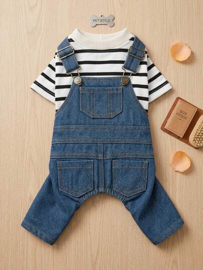 PETSIN 1pc Handsome Pet Overalls, Black And White Striped Top Spliced With Blue 2 In 1 Jumpsuit, Small Dogs, Cats, Dogs Wear Clothes For Daily Outings