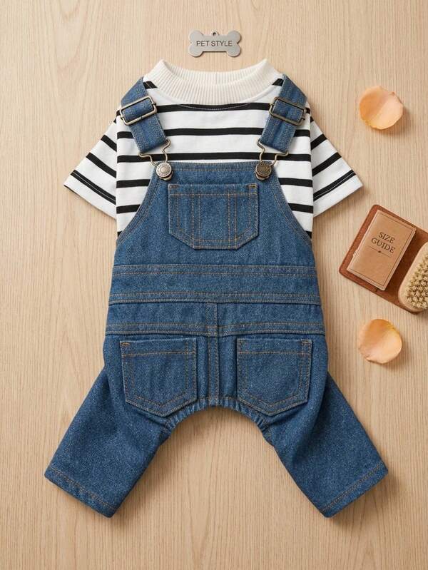 PETSIN 1pc Handsome Pet Overalls, Black And White Striped Top Spliced With Blue 2 In 1 Jumpsuit, Small Dogs, Cats, Dogs Wear Clothes For Daily Outings
