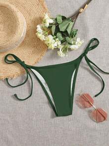 SHEIN Swim 女款夏季海灘純色側綁帶比基尼泳褲 - 軍綠色 - 查看 4