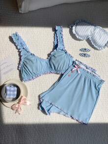 Comfortcana 女士荷叶边吊带背心和短裤睡衣套装 - 淺藍色 - 查看 4