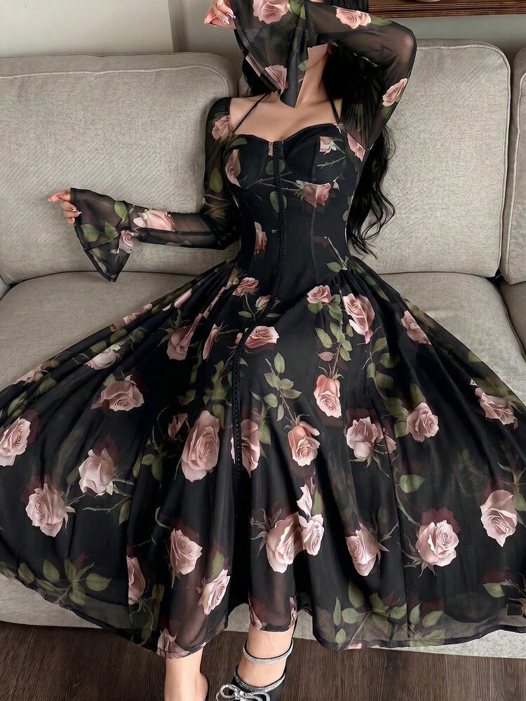 Feyla Gaun Midi Pesta Wanita Motif Bunga Elegan dengan Pinggang Ramping - Hitam - View 7