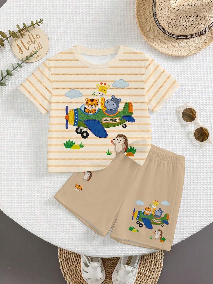 Baby Boy Casual Minimalist Striped Cartoon Print Short Sleeve T-Shirt And Shorts Set, Suitable For Summer - Multicolor - View 4