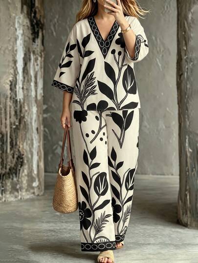 Linhara CURVE Conjunto de dos piezas para mujer talla grande con top suelto de cuello en V, manga media y estampado, y pantalones largos con bolsillos y estampado posicionado, adecuado para salidas, vacaciones, uso diario, cómodo