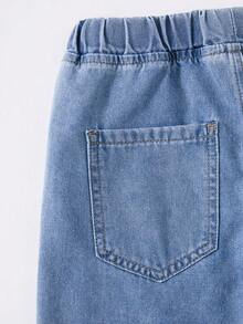 SHEIN Vintaside Kids 女童淺藍色水洗口袋設計寬腿寬鬆牛仔褲，適合返校、休閒、度假穿著，柔軟棉質面料，舒適度假感，日常穿搭必備 - 淺色水洗藍 - 查看 7