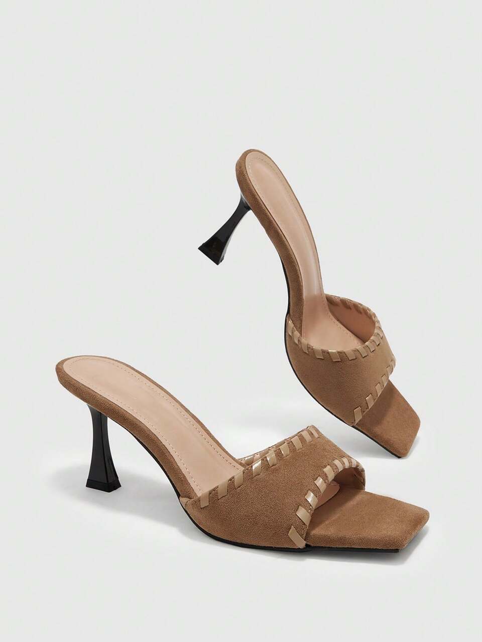 CUCCOO BIZCHIC Spice Girl Fleece Camel Retro Square Toe High-Heeled Sandals, French Woven Women's Shoes