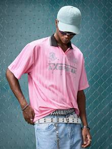 EVRINFINITE Men's Summer Fashion Letter Graphic Short Sleeve Polo Shirt, Emo, 2000s Style - Pink - View 1