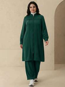Modelyn 优雅纯色拉链长袖外套套装，阿拉伯风格女装，秋冬款 - 墨綠色 - 查看 6