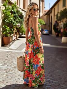 Ceyna Damen Sommerurlaub Cami Kleid in Großen Größen, Tropisches Muster Cami Kleid, Bohemian Stil Buntes Blumenkleid, Hohe Taille Schlankmachendes Rückenfreies Tropisches Blumenkleid - Verschiedenfarbig - Übersicht 6