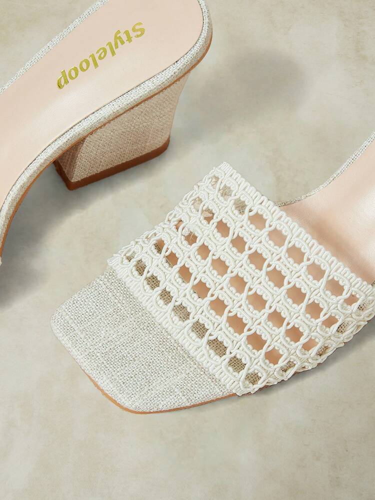 Styleloop Women's Linen Texture Beige Open Toe Mid Heel Sandals, Vintage Style, Suitable For Summer French Casual, Office And Vacation Outfits - Beige - View 9