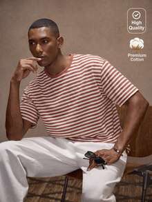 AKNOTIC Men's Knitted Striped Loose Casual Crew Neck Short Sleeve T-Shirt, Suitable For Summer - Orange - View 1