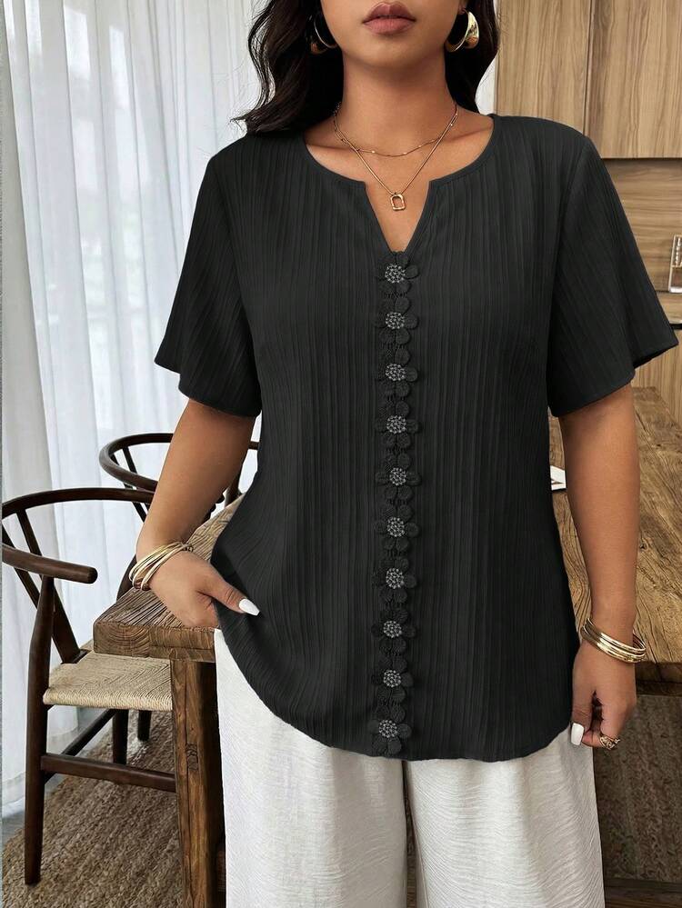 Weeklong Plus Size Women's Floral Patchwork Ruffle Trim Loose Short Sleeve Blouse, Spring/Summer Chic - Black - View 3