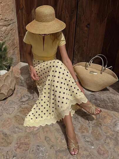 Firerie Women's Elegant Casual Romantic Exquisite Commute Street Fashion Vacation Daily Versatile Polka Dot Print Lace Patchwork Elastic Pale Yellow Skirt