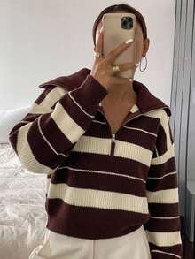 DAZY 商務休閒條紋長袖半拉鍊套頭衫 - 棕色 - 查看 3