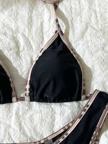 Elavelle Solid Color 3 PiecesBikini Set Women's Swimwear For Hot Spring Vacation - Black - View 4