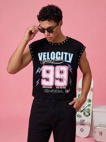 FROVYX Vintage Racing Style Rivet Metal Decor Black Cropped Tank Top, Suitable For Fashion-Forward Young People Seeking Individuality - Black - View 1