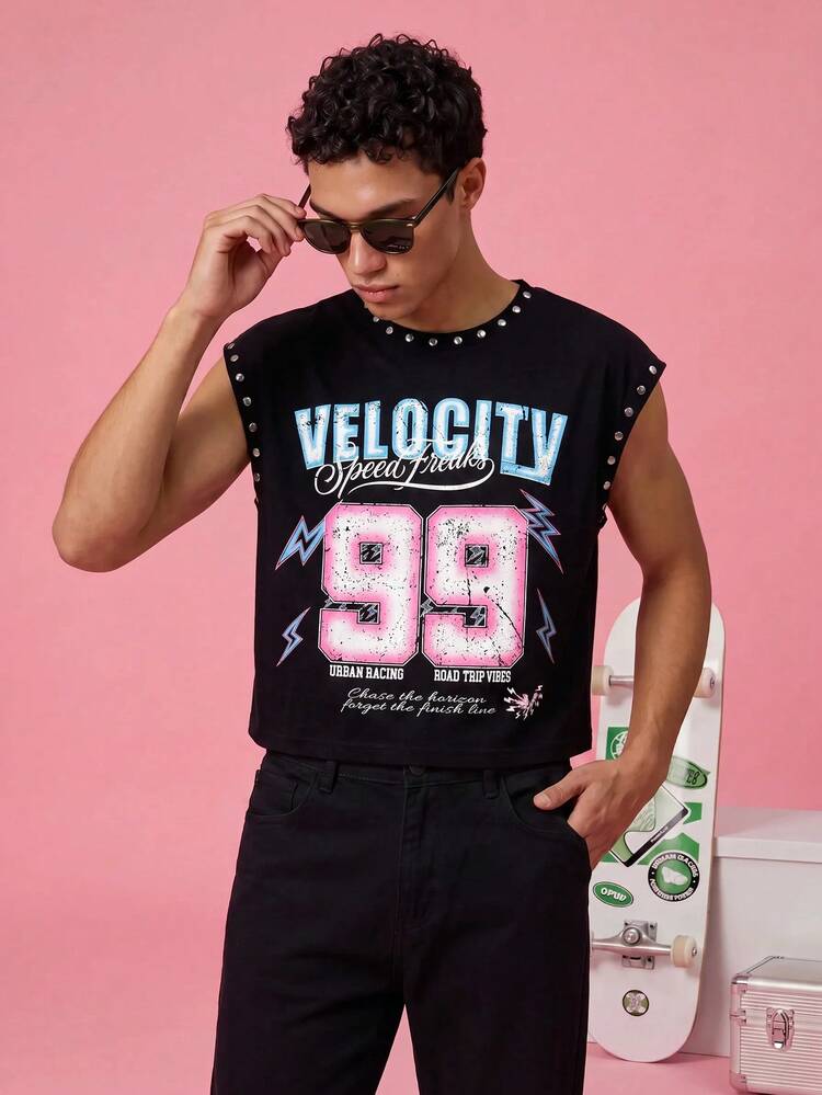 FROVYX Vintage Racing Style Rivet Metal Decor Black Cropped Tank Top, Suitable For Fashion-Forward Young People Seeking Individuality - Black - View 1