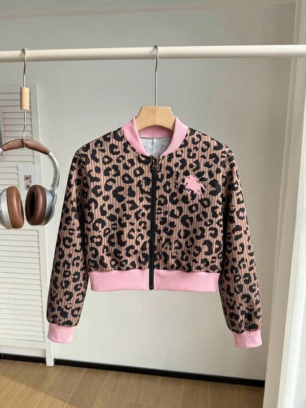 SHEIN Girls' Floral Plant Leaf Print Short Pastoral Baseball Jacket, Thin Autumn Style, Long Sleeve, Casual, Comfortable, Daily, Loose, Streetwear