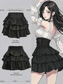 FRIFUL Rok Ruffle Berlapis Pinggang Tinggi Wanita yang Mempesona, Atasan Lucu Serbaguna - Hitam - View 1