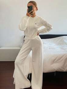DAZY Women's 2pcs Set Colorblock Embroidered Hooded Cardigan Sweater & Straight Leg Pants Casual Vacation Elegant Spring Autumn Outfit - White - View 7