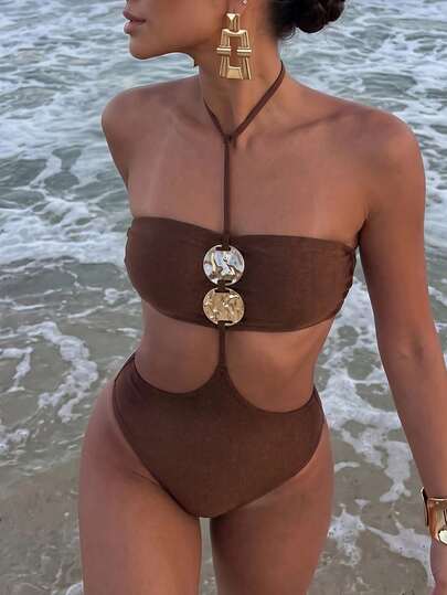 Swim Chiccia 2026 Women's Elegant Vacation One-Piece Swimsuit, Halter Neck Design With Front Trim Decoration, Suitable For Back To School Season, Graduation Season, Beach And Vacation Wear
