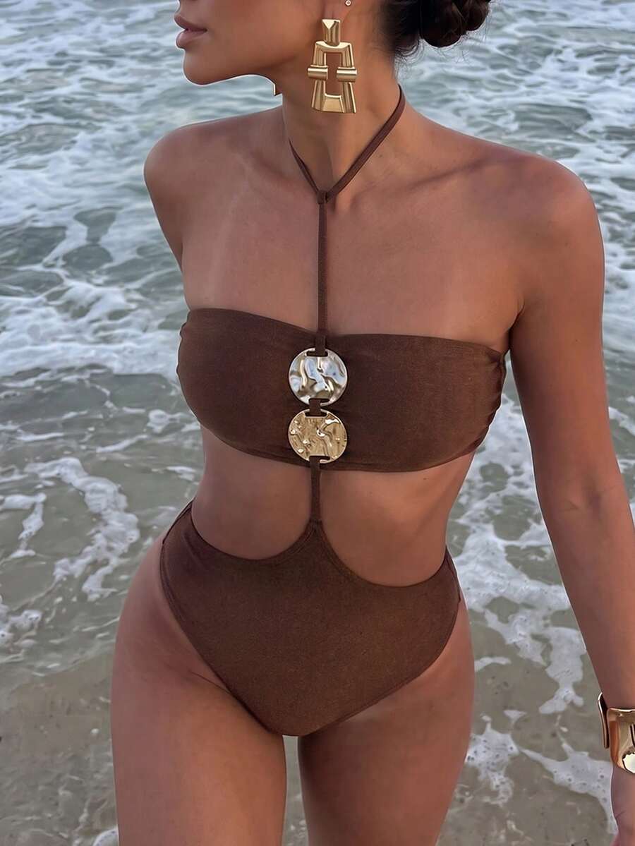 Swim Vcay 2026 Women's Elegant Vacation One-Piece Swimsuit, Halter Neck Design With Front Trim Decoration, Suitable For Back To School Season, Graduation Season, Beach And Vacation Wear - Coffee Brown - View 1