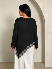 Rustia Pullover Wanita Leher Bulat dengan Desain Asimetris Berenda, Atasan Lengan Panjang Serbaguna untuk Awal Musim Gugur, Cocok untuk Perjalanan Sehari-hari di Musim Gugur. - Hitam - View 3