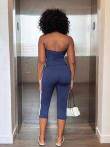 Alexandranx Women's Navy Blue And White 2 Pieces Set Pants,Y2K Style Elegant - Navy Blue - View 3