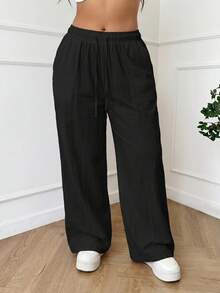SHEIN PETITE CURVE Plus Size Women Solid Color Drawstring Waist Casual Versatile Wide Leg Pants For Daily Wear - Black - View 4