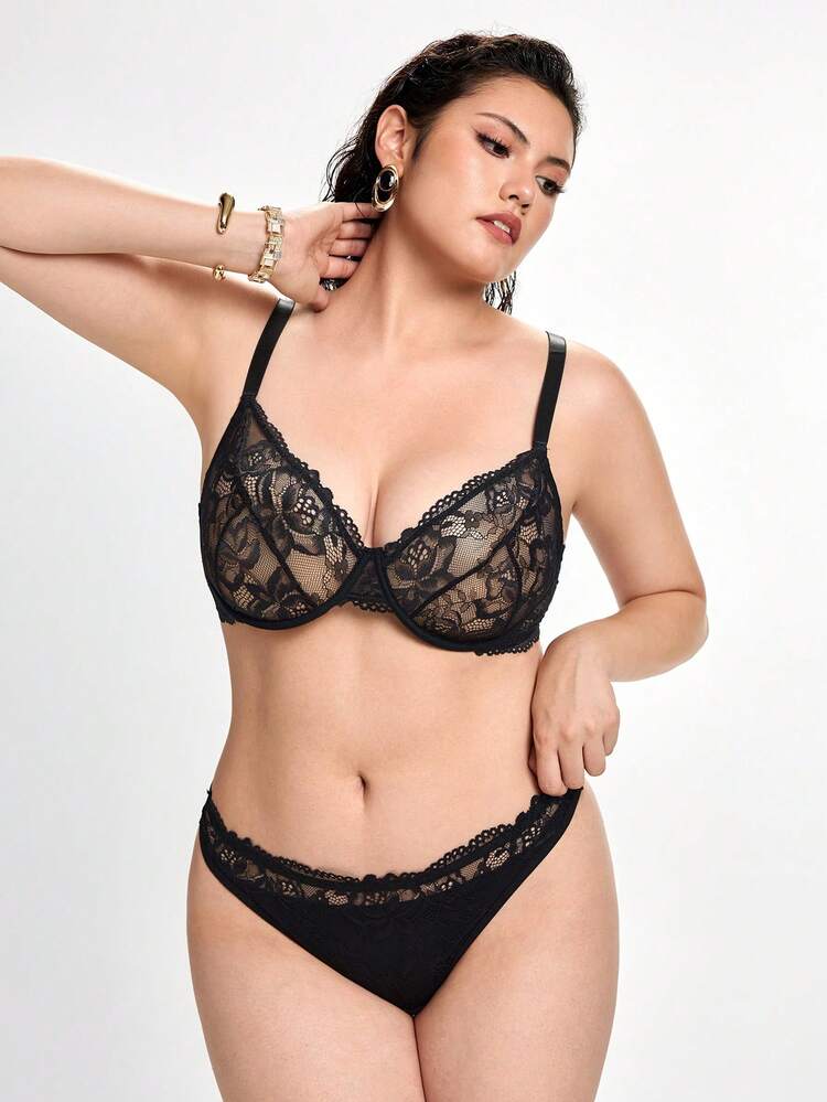 Slumbrini 1pc Plus Size Women Solid Color Lace Padded Lingerie Bra And Panty Set, Lift - Black - View 3