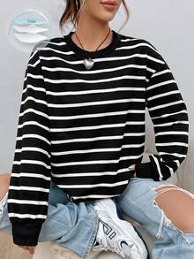 SHEIN EZwear 春季白色條紋印花落肩連帽衛衣，畢業季、返校穿搭，女教師穿搭，秋冬返校穿搭 - 黑色 - 查看 1