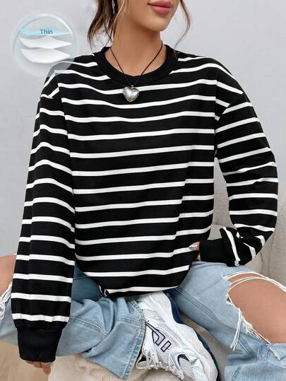 SHEIN EZwear 春季黑白條紋印花落肩運動衫，畢業季教師女款，秋/冬季返校穿搭