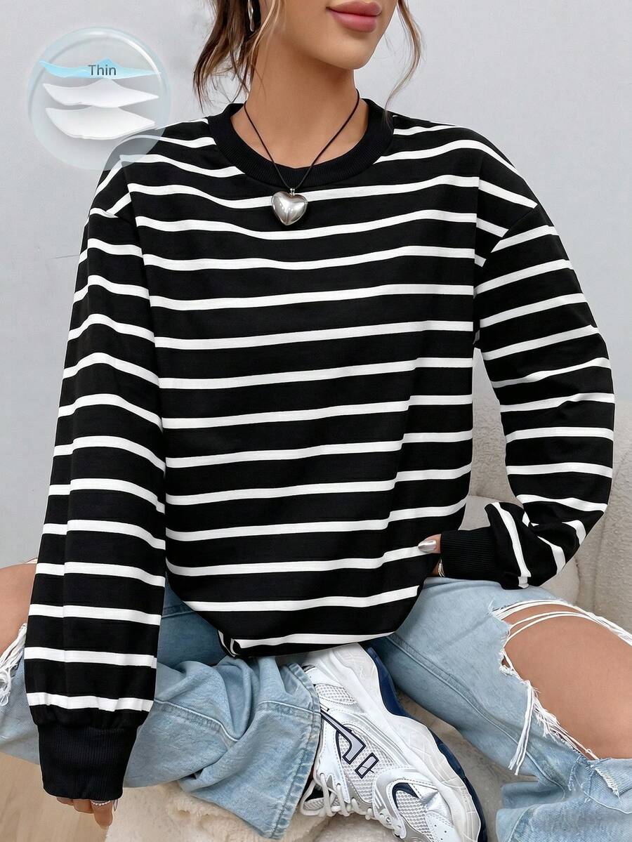 SHEIN EZwear 春季白色條紋印花落肩連帽衛衣,畢業季、返校穿搭,女教師穿搭,秋冬返校穿搭 - 黑色 - 查看 1