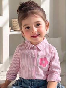 SHEIN Playful Pals 女嬰休閒格紋韓風清新可愛長袖襯衫，適合春秋冬季穿著，百搭款 - 粉色 - 查看 1