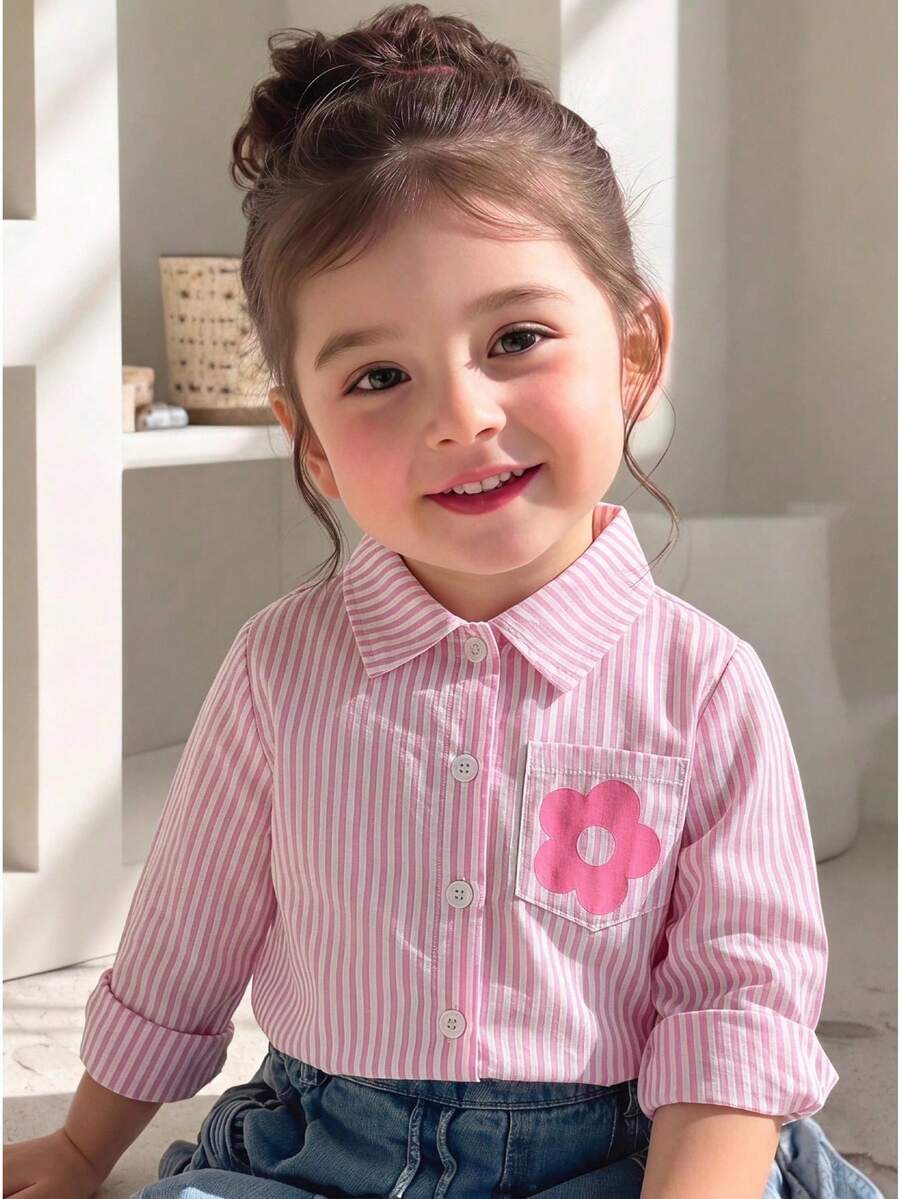 SHEIN Playful Pals 女嬰休閒格紋韓風清新可愛長袖襯衫,適合春秋冬季穿著,百搭款 - 粉色 - 查看 1