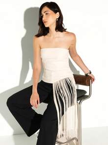 KSTM Strapless Tube Top With Dramatic Side Fringe Trim Bodycon Fit Evening Party Style - Cream - View 8